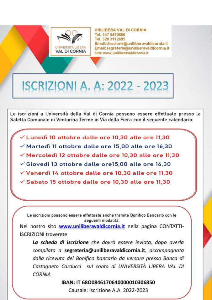 ISCRIZIONI A. A. 20222023 Università Libera Val di Cornia